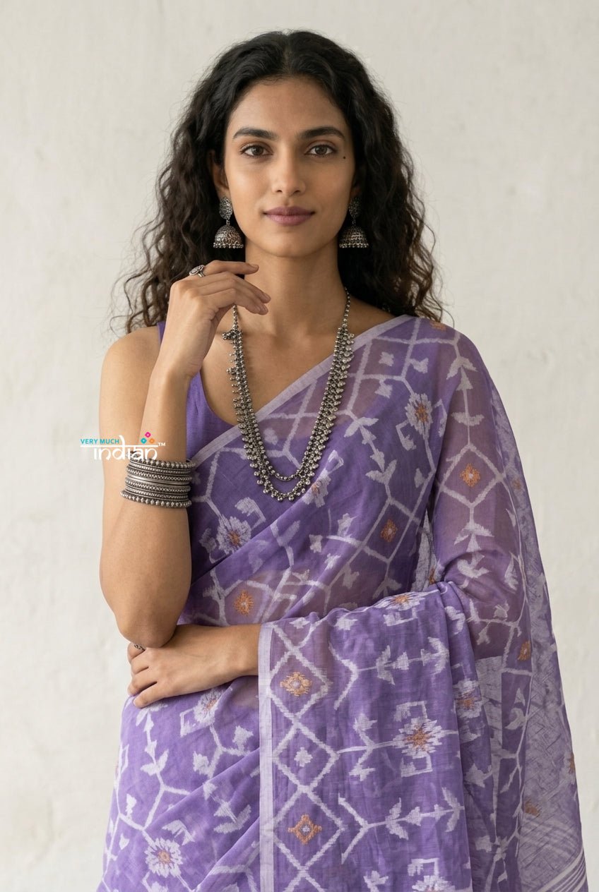 Latika ~ Pure Handwoven Jamdani Mul Cotton Saree in Lavender - verymuchindian.com