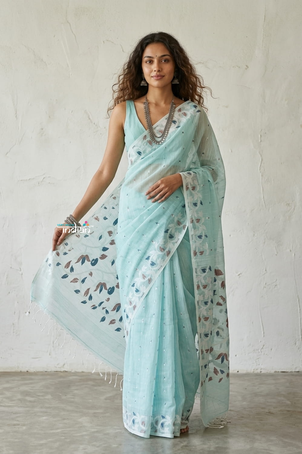 Latika ~ Pure Handwoven Jamdani Mul Cotton Saree in Light Blue - verymuchindian.com