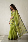 Latika ~ Pure Handwoven Jamdani Mul Cotton Saree in Light Green - verymuchindian.com