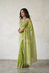 Latika ~ Pure Handwoven Jamdani Mul Cotton Saree in Light Green - verymuchindian.com