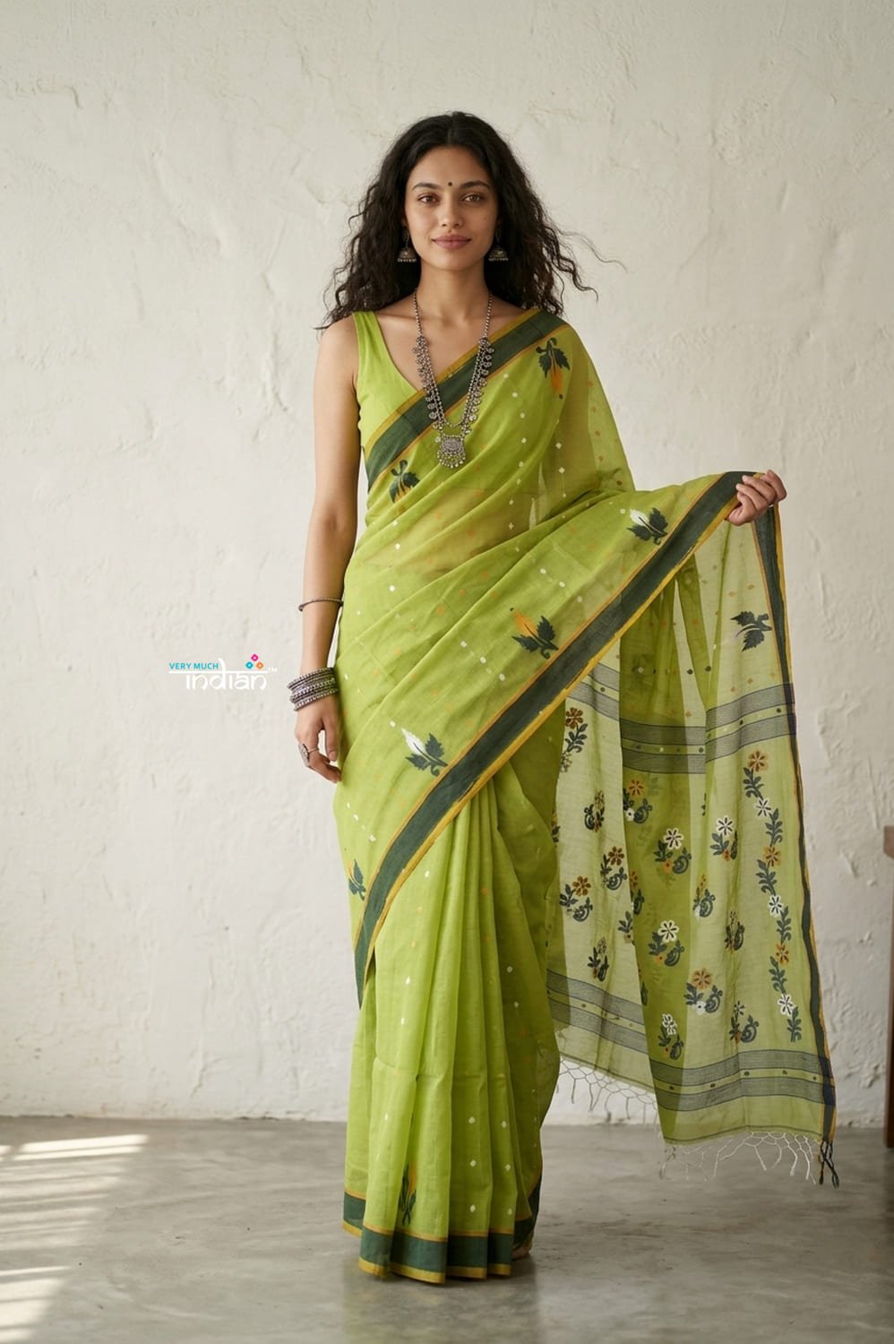 Latika ~ Pure Handwoven Jamdani Mul Cotton Saree in Light Green - verymuchindian.com