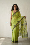 Latika ~ Pure Handwoven Jamdani Mul Cotton Saree in Light Green - verymuchindian.com