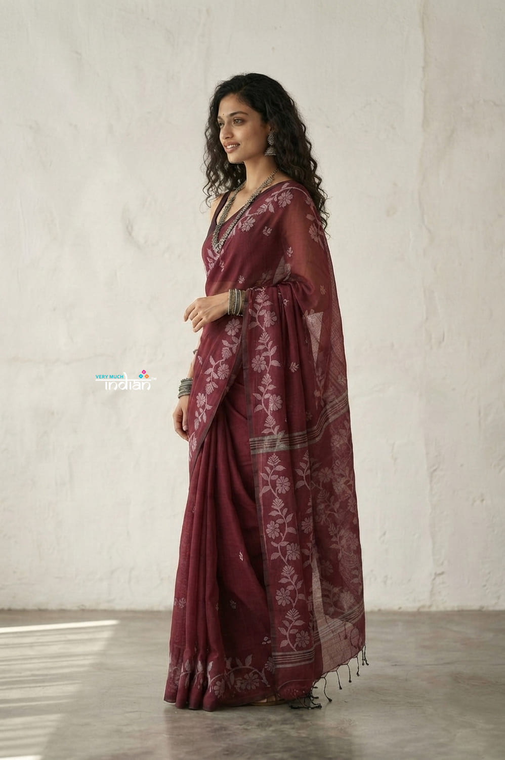 Latika ~ Pure Handwoven Jamdani Mul Cotton Saree in Maroon - verymuchindian.com