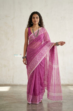 Latika ~ Pure Handwoven Jamdani Mul Cotton Saree in Mauve Pink - verymuchindian.com