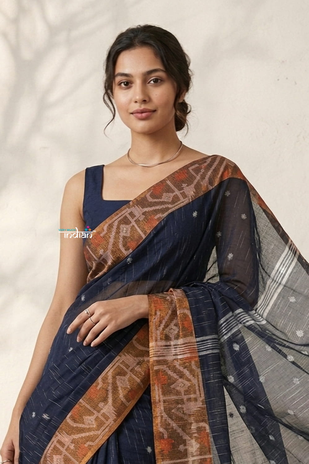 Latika ~ Pure Handwoven Jamdani Mul Cotton Saree in Navy Blue With Tissue Border - verymuchindian.com