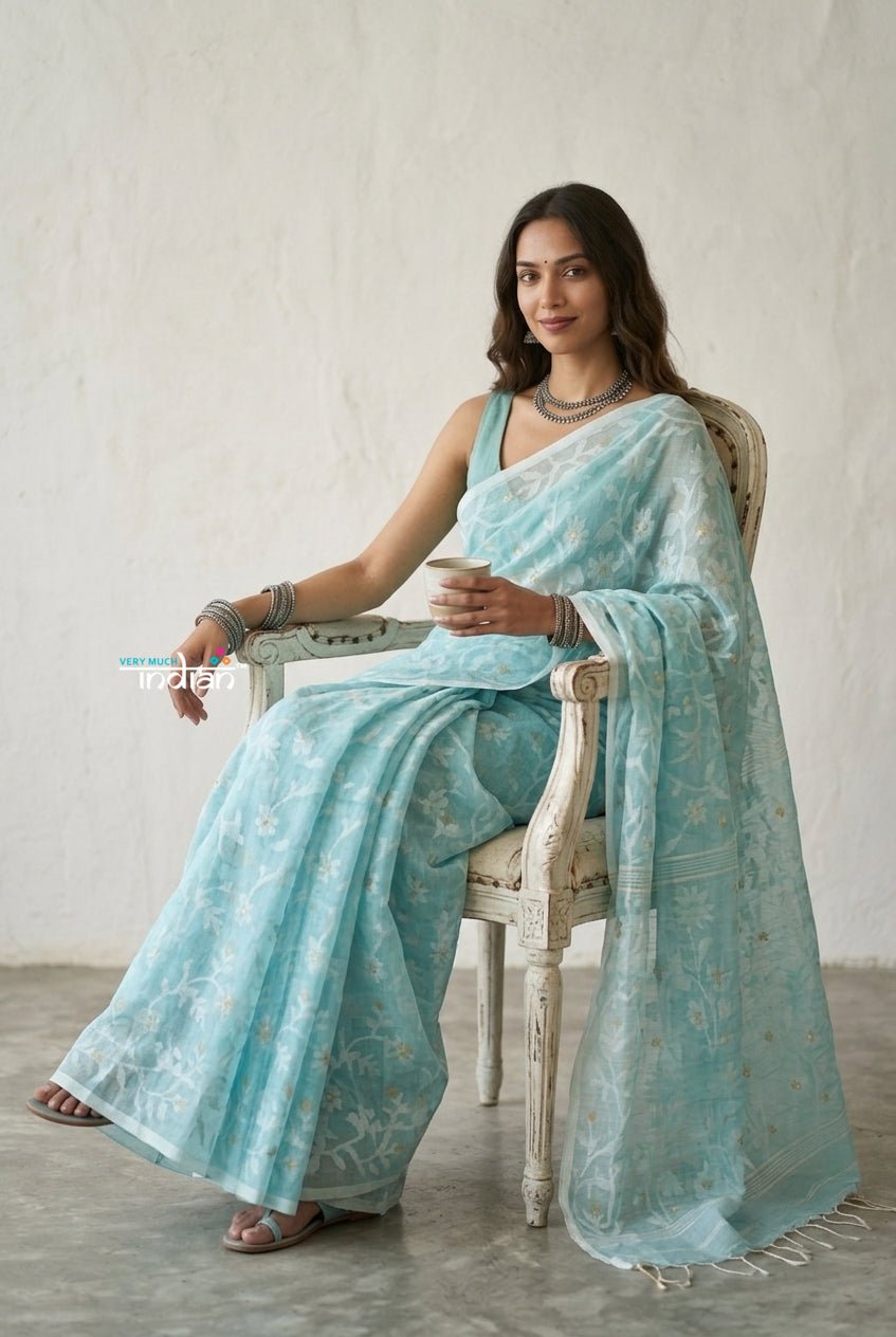Latika ~ Pure Handwoven Jamdani Mul Cotton Saree in Powder Blue - verymuchindian.com