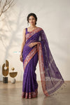 Latika~ Pure Handwoven Jamdani Mul Cotton Saree in Purple With Tissue Border - verymuchindian.com