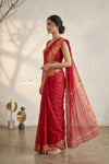 Latika ~ Pure Handwoven Jamdani Mul Cotton Saree in Red With Tissue Border - verymuchindian.com