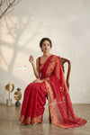 Latika ~ Pure Handwoven Jamdani Mul Cotton Saree in Red With Tissue Border - verymuchindian.com