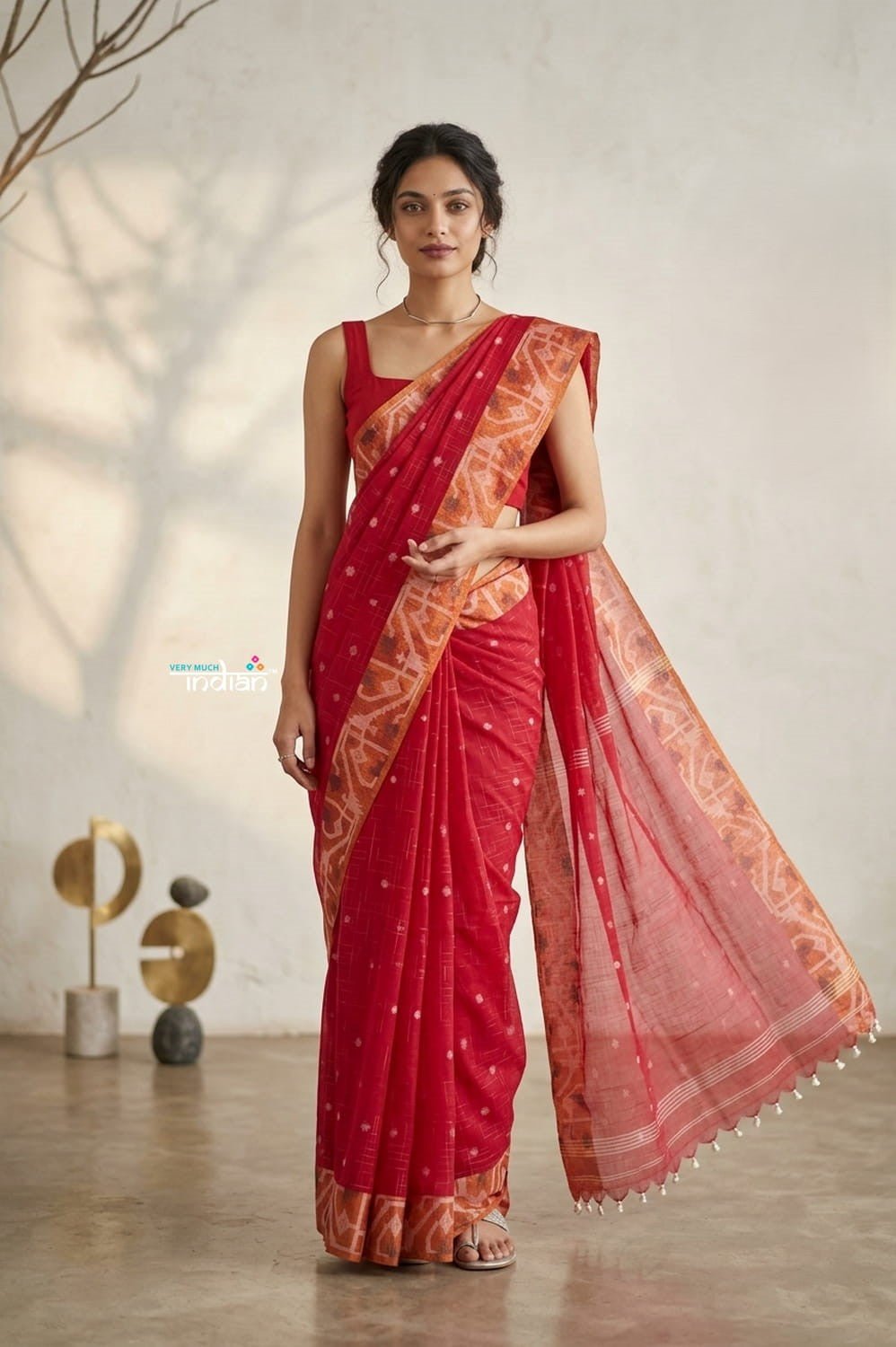 Latika ~ Pure Handwoven Jamdani Mul Cotton Saree in Red With Tissue Border - verymuchindian.com