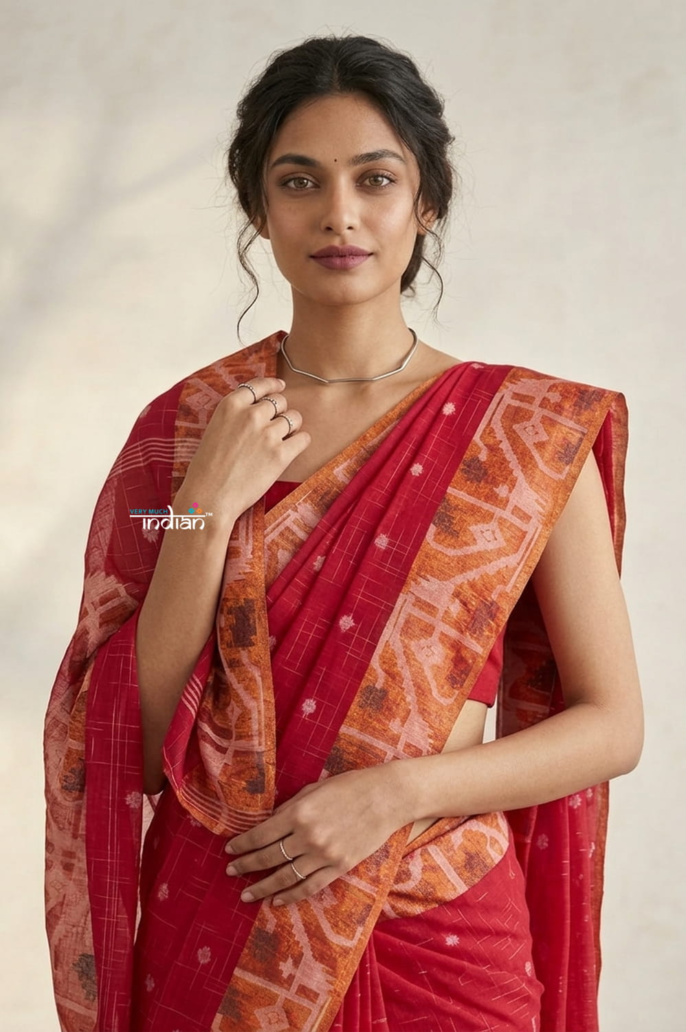 Latika ~ Pure Handwoven Jamdani Mul Cotton Saree in Red With Tissue Border - verymuchindian.com