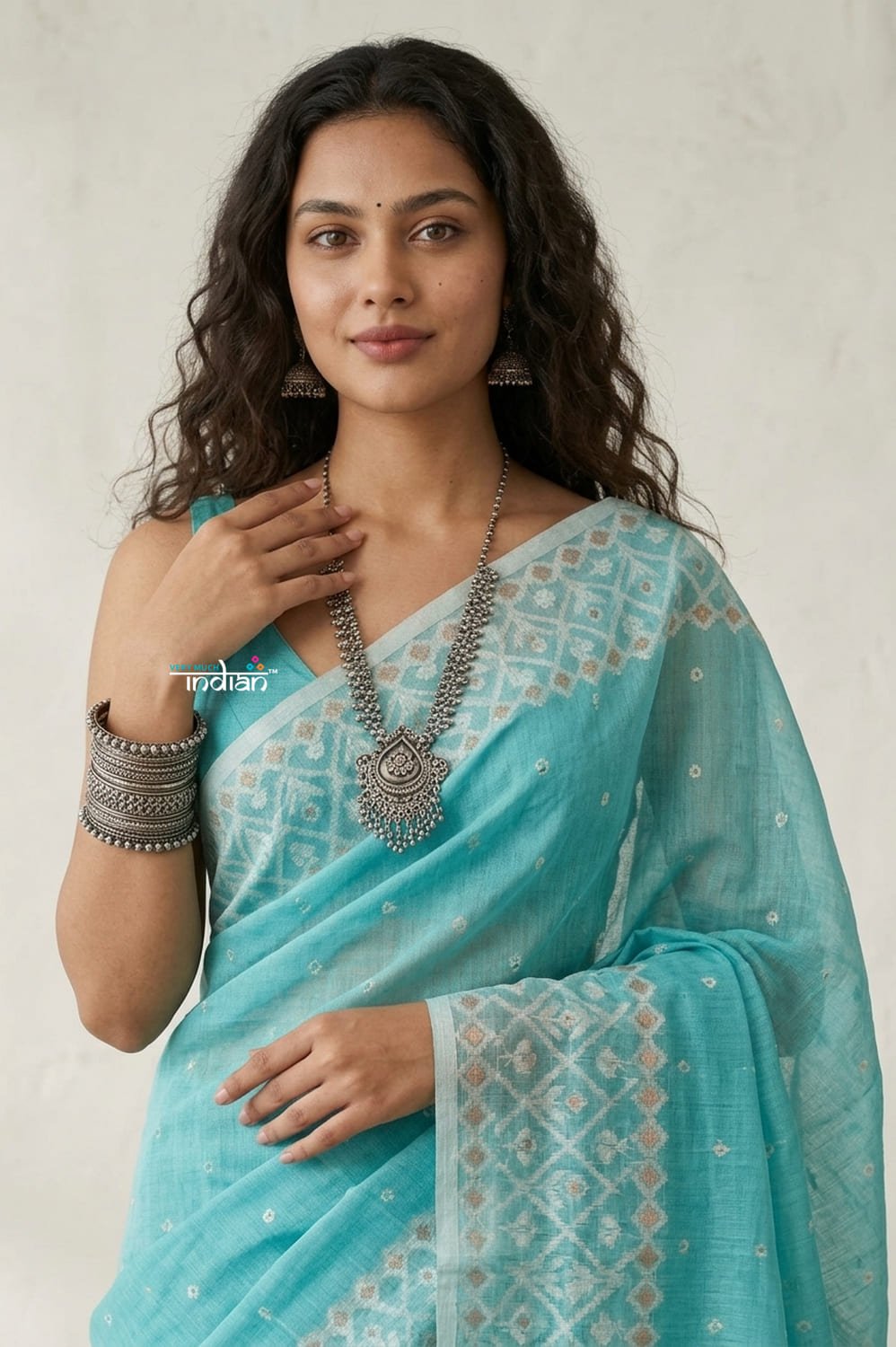 Latika ~ Pure Handwoven Jamdani Mul Cotton Saree in Sea Blue - verymuchindian.com