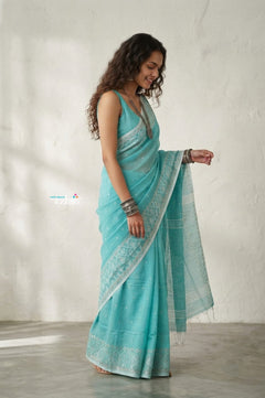 Latika ~ Pure Handwoven Jamdani Mul Cotton Saree in Sea Blue - verymuchindian.com