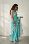 Latika ~ Pure Handwoven Jamdani Mul Cotton Saree in Sea Blue - verymuchindian.com