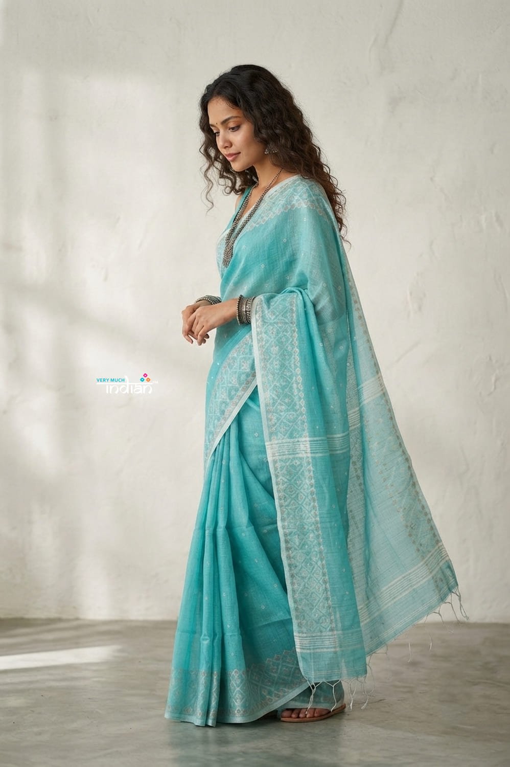 Latika ~ Pure Handwoven Jamdani Mul Cotton Saree in Sea Blue - verymuchindian.com