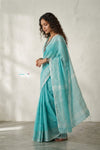 Latika ~ Pure Handwoven Jamdani Mul Cotton Saree in Sea Blue - verymuchindian.com