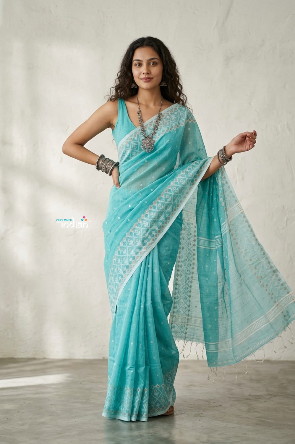 Latika ~ Pure Handwoven Jamdani Mul Cotton Saree in Sea Blue - verymuchindian.com