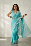 Latika ~ Pure Handwoven Jamdani Mul Cotton Saree in Sea Blue - verymuchindian.com