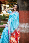 Madhurani's Choice ~ Exclusive! Handloom Pure Silk Paithani in Sea Blue with Most Traditional Double Pallu ~ Arctic Blue - verymuchindian.com