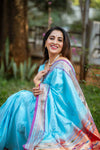 Madhurani's Choice ~ Exclusive! Handloom Pure Silk Paithani in Sea Blue with Most Traditional Double Pallu ~ Arctic Blue - verymuchindian.com