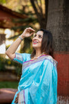 Madhurani's Choice ~ Exclusive! Handloom Pure Silk Paithani in Sea Blue with Most Traditional Double Pallu ~ Arctic Blue - verymuchindian.com
