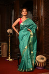 Mahalakshmi ~ Designed by VMI Silk Linen Saree with All Over Checks ~ Sea Green - verymuchindian.com