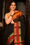 Mahalakshmi ~ Designer Cotton Saree in Black with Ganga Jamuna Border - verymuchindian.com