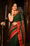 Mahalakshmi ~ Designer Cotton Saree in Dark Green with Red Border - verymuchindian.com