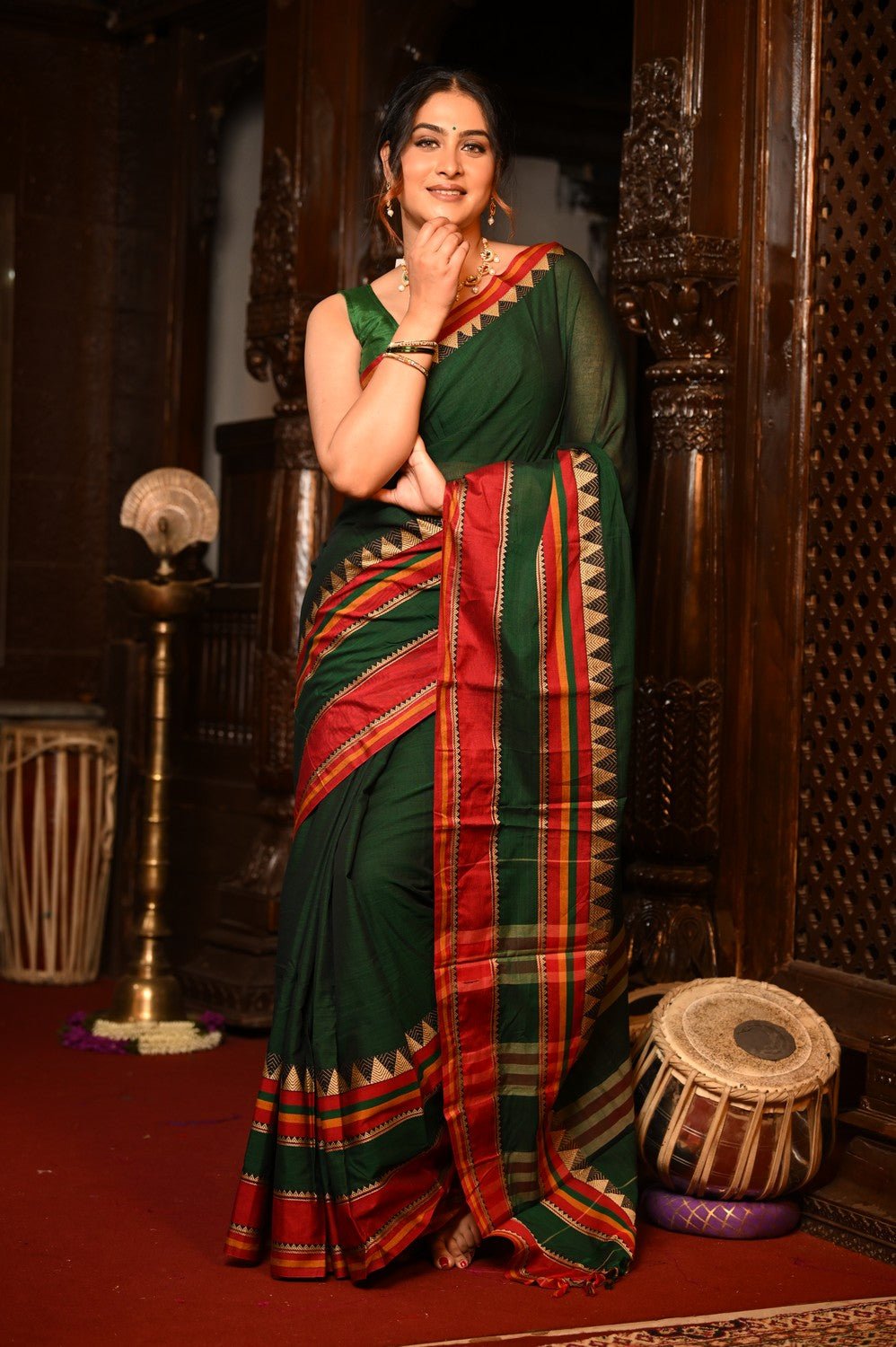 Mahalakshmi ~ Designer Cotton Saree in Dark Green with Red Border - verymuchindian.com