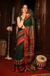 Mahalakshmi ~ Designer Cotton Saree in Dark Green with Red Border - verymuchindian.com