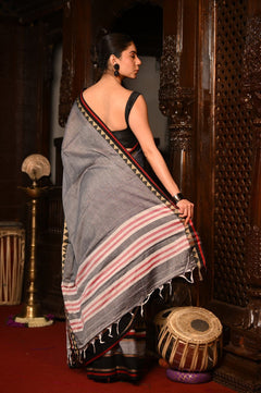 Mahalakshmi ~ Designer Cotton Saree in Grey with Black Border - verymuchindian.com