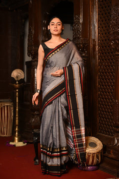 Mahalakshmi ~ Designer Cotton Saree in Grey with Black Border - verymuchindian.com