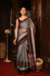 Mahalakshmi ~ Designer Cotton Saree in Grey with Black Border - verymuchindian.com