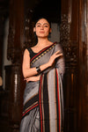 Mahalakshmi ~ Designer Cotton Saree in Grey with Black Border - verymuchindian.com