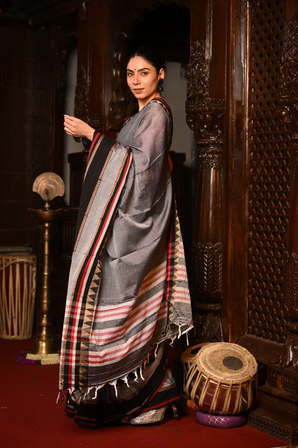 Mahalakshmi ~ Designer Cotton Saree in Grey with Black Border - verymuchindian.com