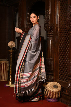Mahalakshmi ~ Designer Cotton Saree in Grey with Black Border - verymuchindian.com