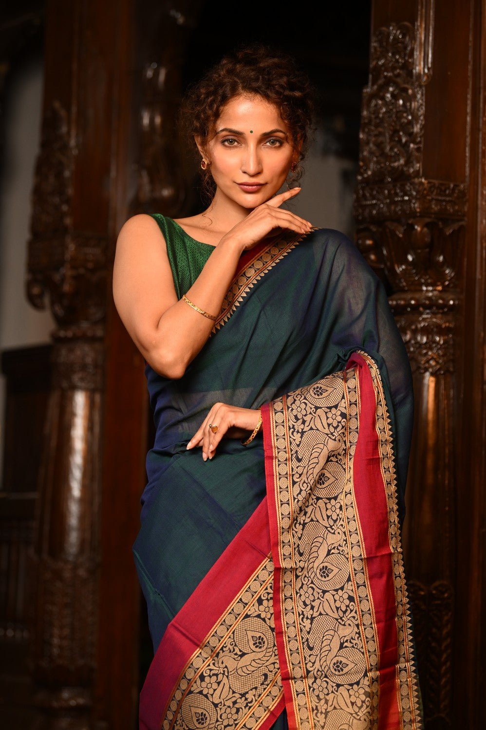 Mahalakshmi ~ Designer Cotton Saree in Peacock Blue with Beige Designer Border - verymuchindian.com
