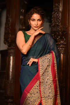 Mahalakshmi ~ Designer Cotton Saree in Peacock Blue with Beige Designer Border - verymuchindian.com