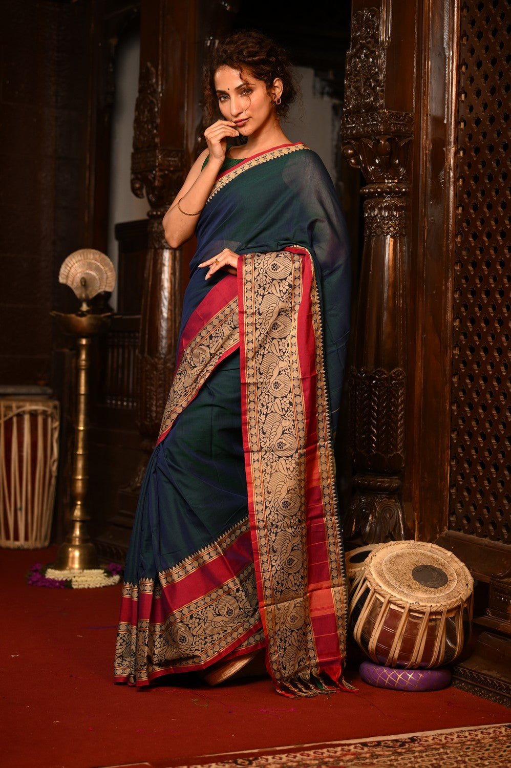 Mahalakshmi ~ Designer Cotton Saree in Peacock Blue with Beige Designer Border - verymuchindian.com