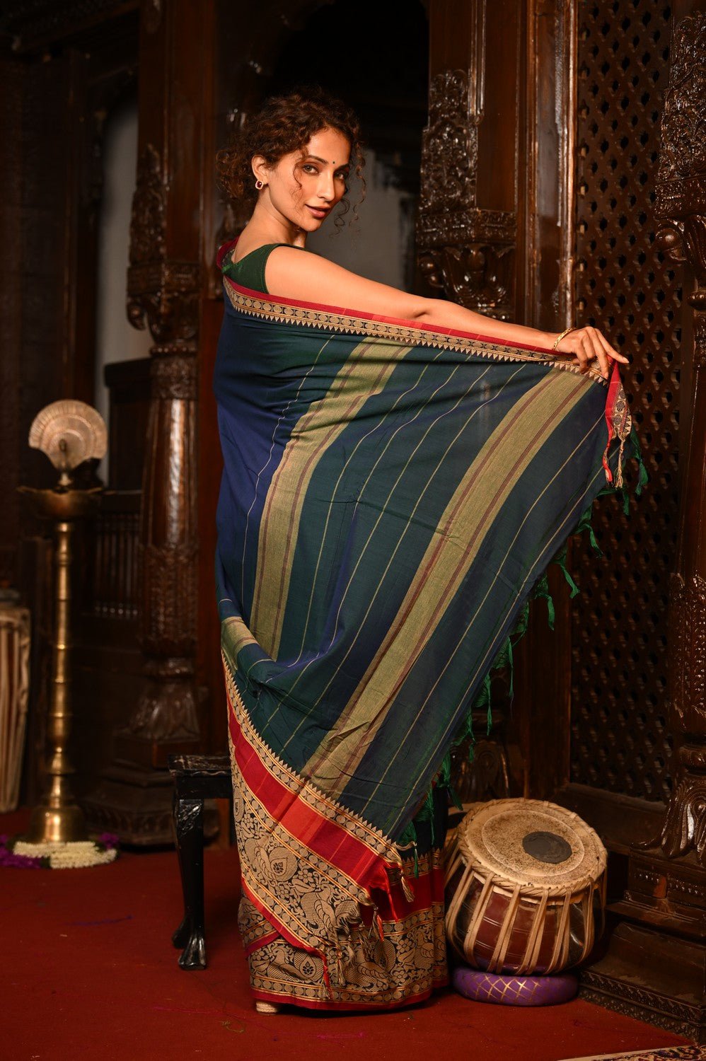 Mahalakshmi ~ Designer Cotton Saree in Peacock Blue with Beige Designer Border - verymuchindian.com