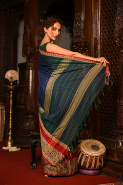 Mahalakshmi ~ Designer Cotton Saree in Peacock Blue with Beige Designer Border - verymuchindian.com