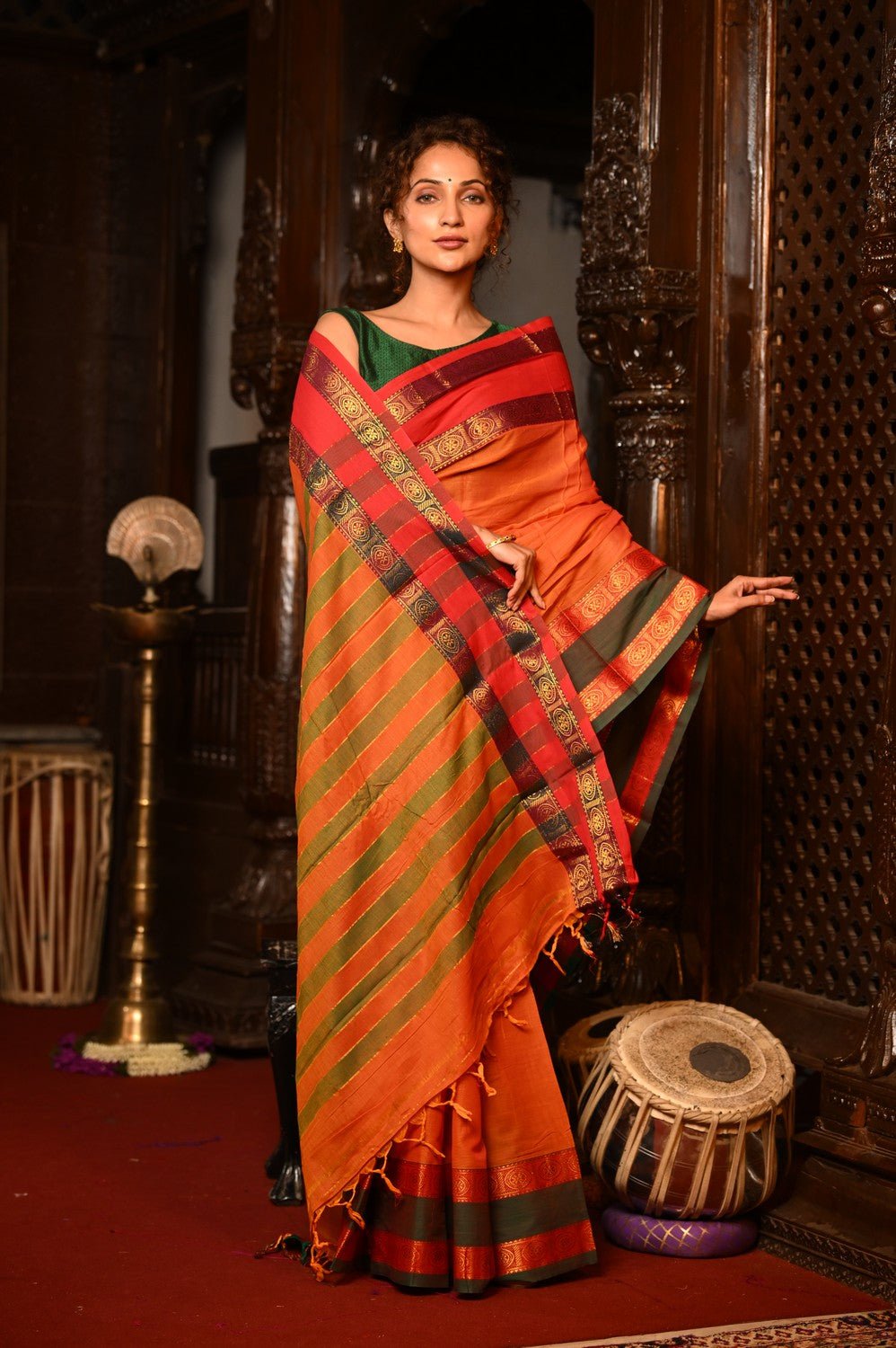 Mahalakshmi ~ Designer Cotton Saree in Red with Orange Border - verymuchindian.com