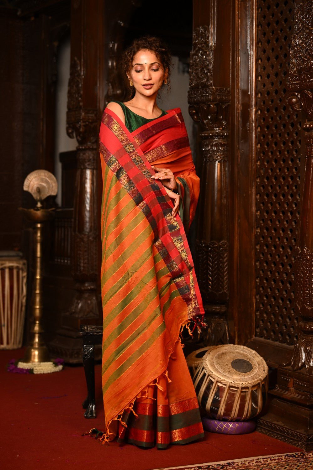Mahalakshmi ~ Designer Cotton Saree in Red with Orange Border - verymuchindian.com