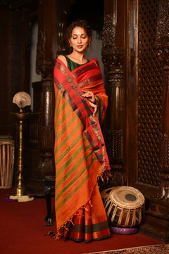 Mahalakshmi ~ Designer Cotton Saree in Red with Orange Border - verymuchindian.com