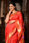 Mahalakshmi Exclusive ~ Handloom Pure Silk Muniya Border Saree With Handcrafted Parrot Pallu in Red - verymuchindian.com