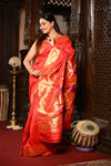Mahalakshmi Exclusive ~ Handloom Pure Silk Muniya Border Saree With Handcrafted Parrot Pallu in Red - verymuchindian.com