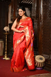 Mahalakshmi Exclusive ~ Handloom Pure Silk Muniya Border Saree With Handcrafted Parrot Pallu in Red - verymuchindian.com