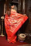 Mahalakshmi Exclusive ~ Handloom Pure Silk Muniya Border Saree With Handcrafted Parrot Pallu in Red - verymuchindian.com