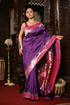 Mahalakshmi Exclusive ~ Handloom Pure Silk Muniya Border Saree With Handcrafted Swan Peacock Pallu in Purple - verymuchindian.com