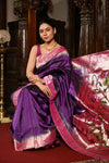Mahalakshmi Exclusive ~ Handloom Pure Silk Muniya Border Saree With Handcrafted Swan Peacock Pallu in Purple - verymuchindian.com